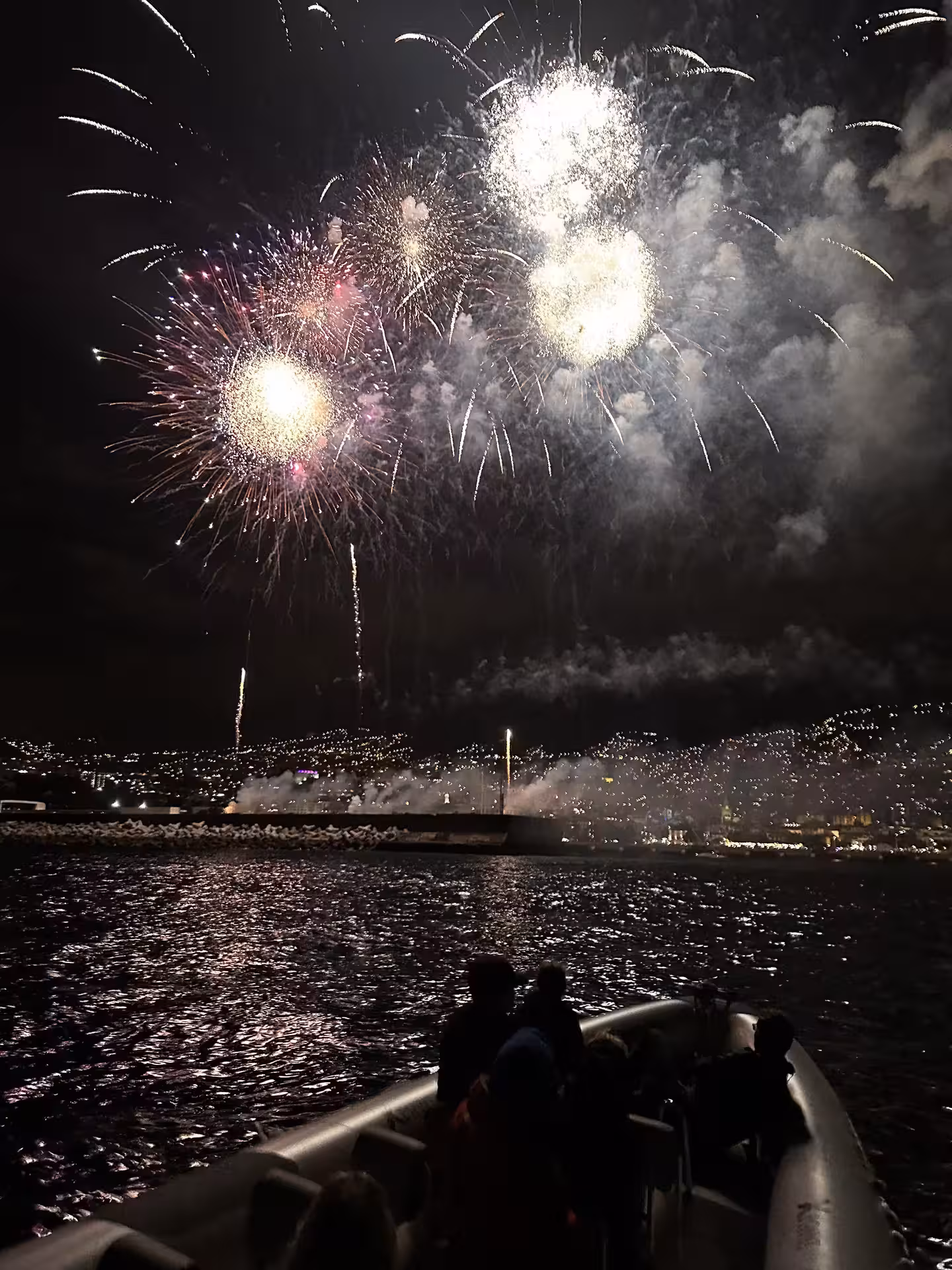 Spectacular New Year's Eve fireworks illuminate the sky over a boat with city lights reflecting on the water.