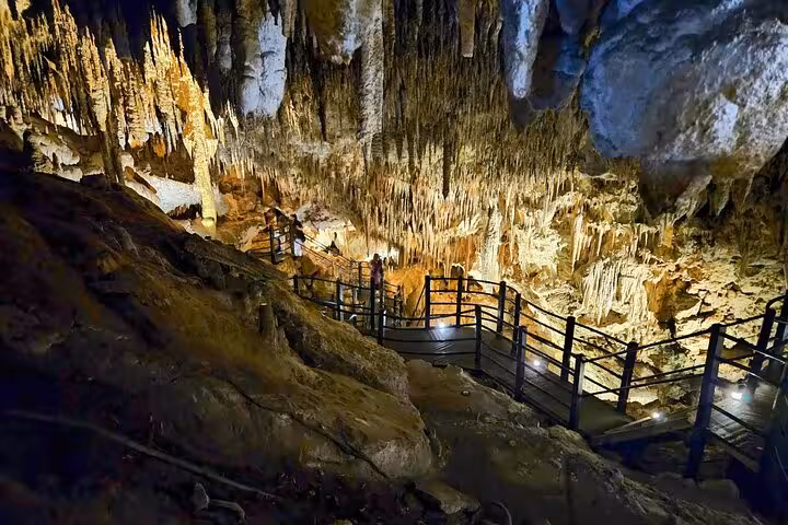 Stunning interior of Ngilgi Cave showcasing illuminated stalactites and a winding wooden walkway.