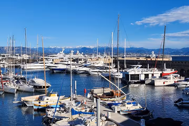 Scenic view of a bustling marina in Nice with luxury yachts and sailboats against a backdrop of the Alps.