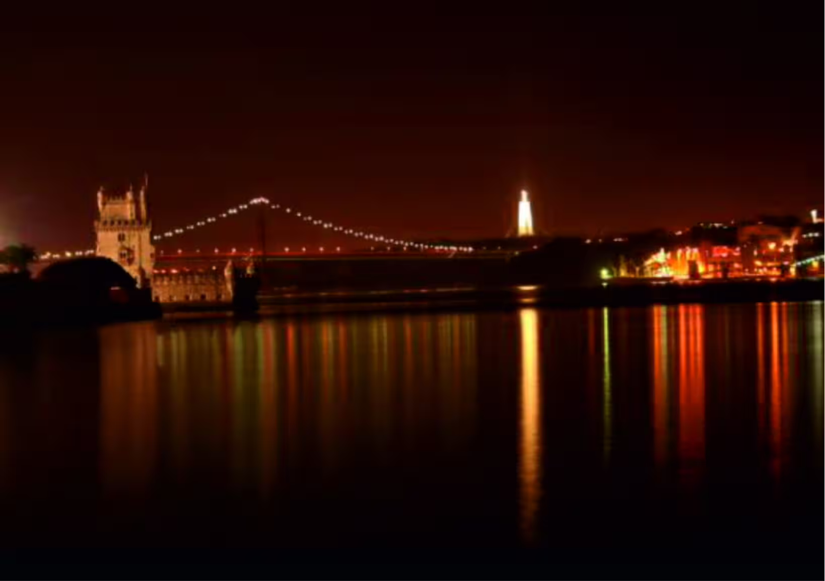 Night river cruise Lisbon with Belém Tower and 25 de Abril Bridge lights reflecting on the Tagus River