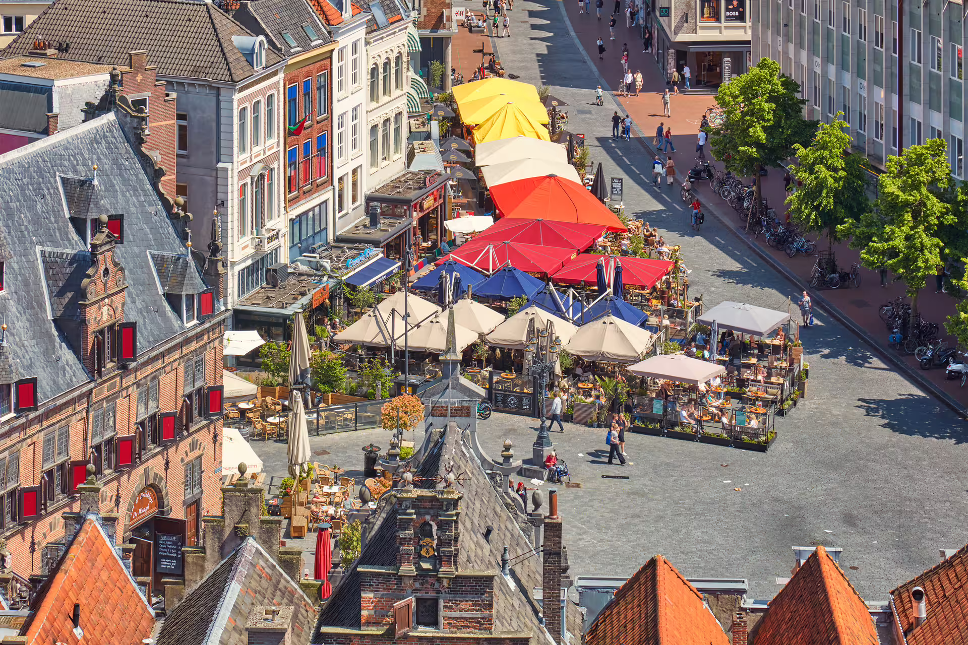 Aerial view of Nijmegen Grote Markt terraces and historic rooftops, ideal stop on 1-day audio walking tour