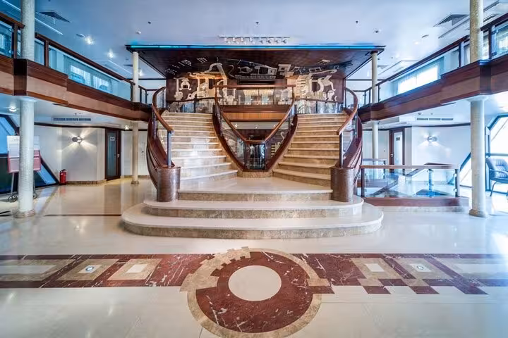 Grand lobby staircase aboard Nile cruise ship for 4-day Aswan to Luxor cruise with Abu Simbel tour