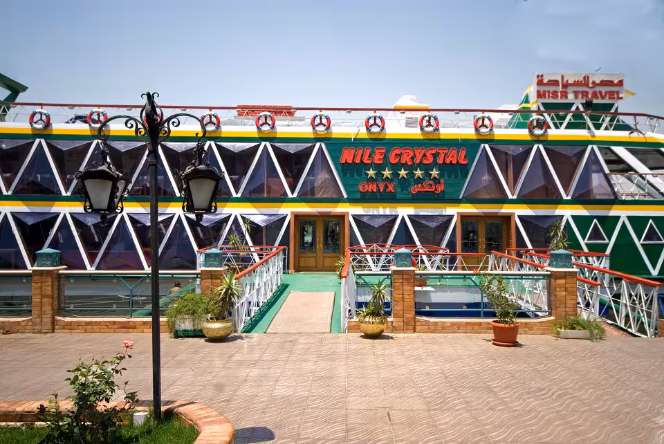 Nile Crystal Onyx cruise entrance in Cairo for Nile dinner cruise with belly dancer show and transfers