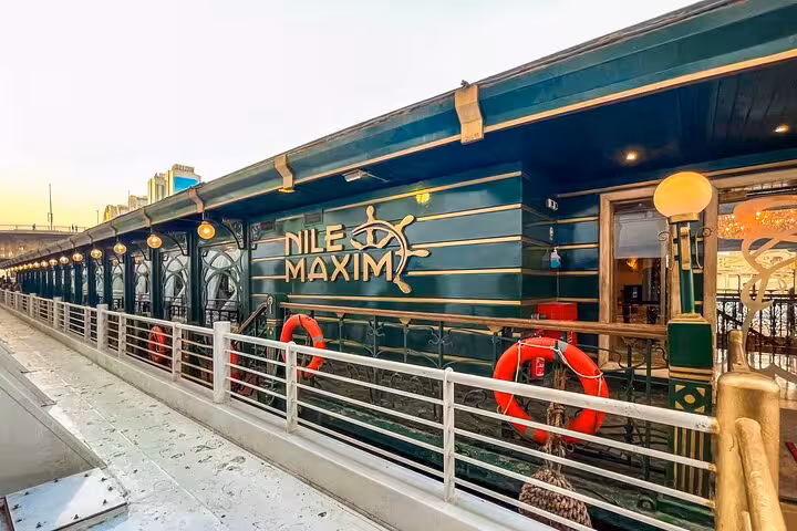 Nile Maxim dinner cruise boat exterior in Cairo, Egypt, for Nile dinner cruise with belly dancer show