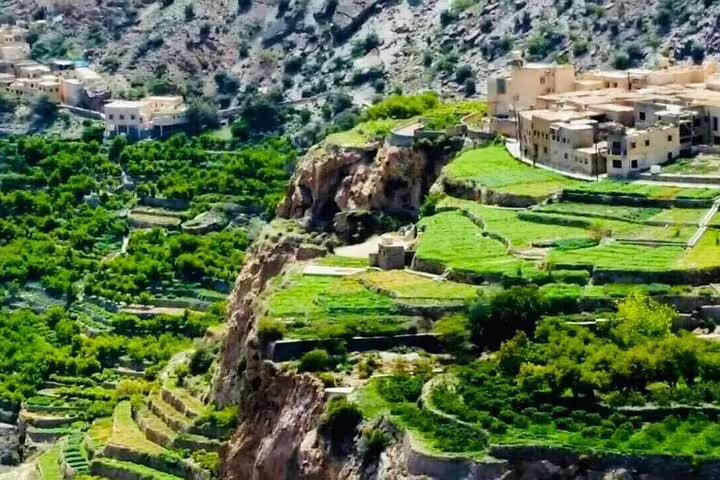 Lush green terraces and traditional houses in Jebel Akhdar, highlighting Oman's rich agricultural heritage and scenic views.