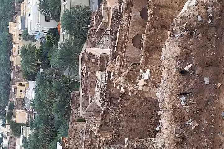 Ancient mud-brick ruins and palm trees in Nizwa, Oman, seen on a full-day heritage tour of old village architecture