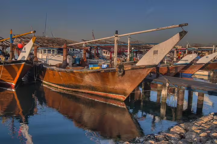 Discover traditional wooden dhows in the serene waters of Qatar's coast on the North Qatar Half-Day Tour.