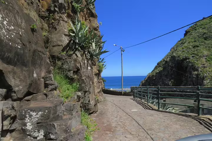 Scenic coastal road in Santana with lush cliffs and ocean views on the Northeast 4x4 tour.