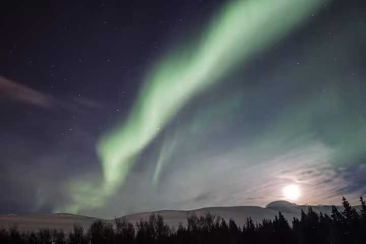 Vibrant Northern Lights dance over Akureyri's snowy landscape on a 4x4 tour under a starry sky.