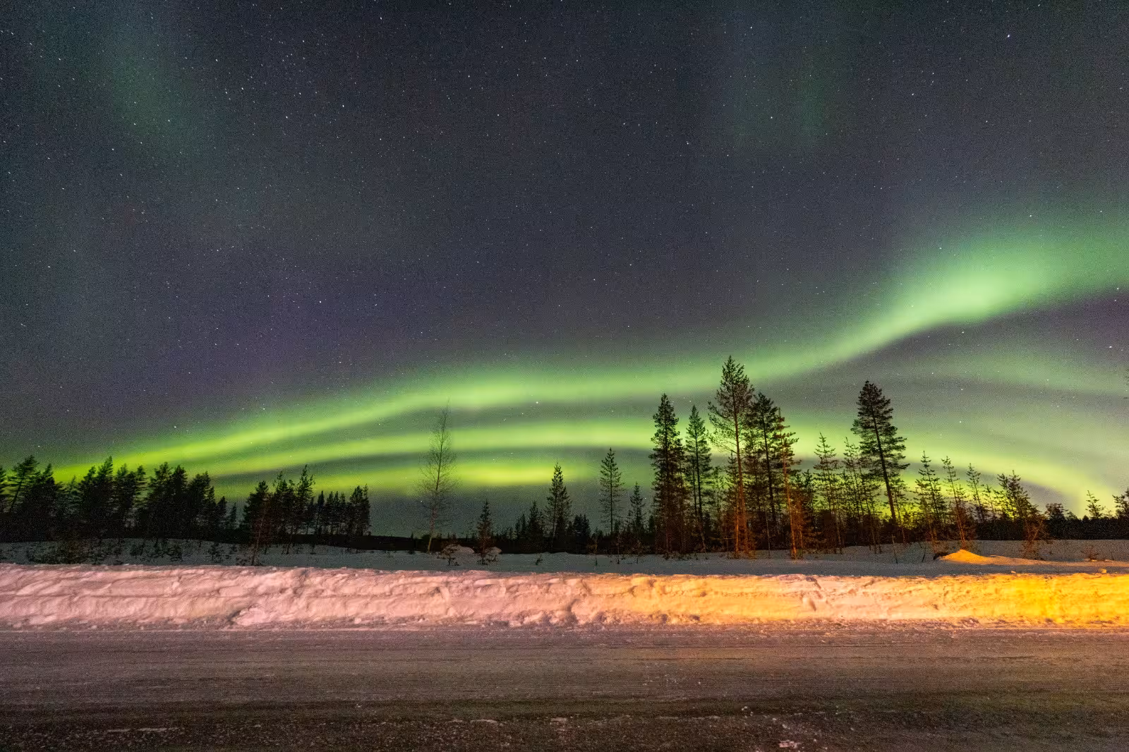 Captivating Northern Lights display with vivid green hues over a tranquil, snow-lined forest road.