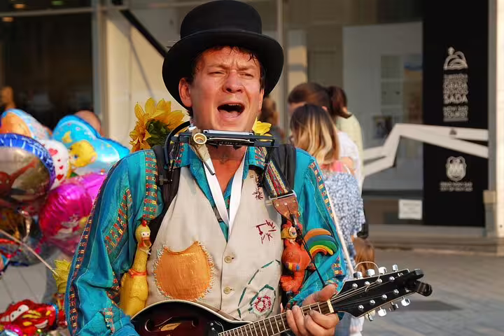 Street musician performing in Novi Sad center, authentic moment on private half day Serbia tour experience
