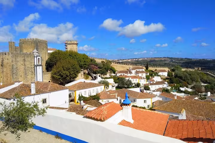 Scenic view of Óbidos castle and rooftops under a clear blue sky, highlighting historic charm on a private Portugal tour.