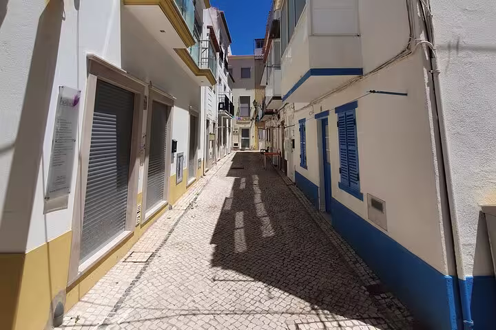Charming narrow cobblestone street in Óbidos with blue and white traditional Portuguese buildings under a clear blue sky.