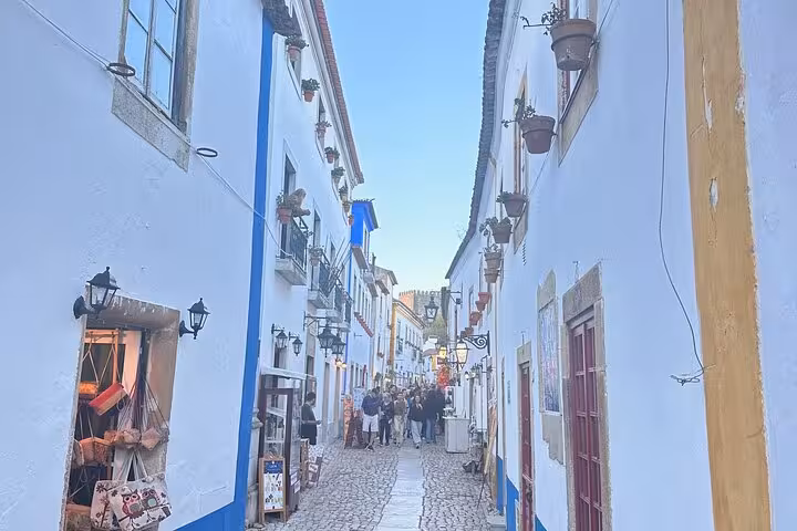 Charming cobblestone street in Óbidos lined with whitewashed buildings and vibrant hanging plants.