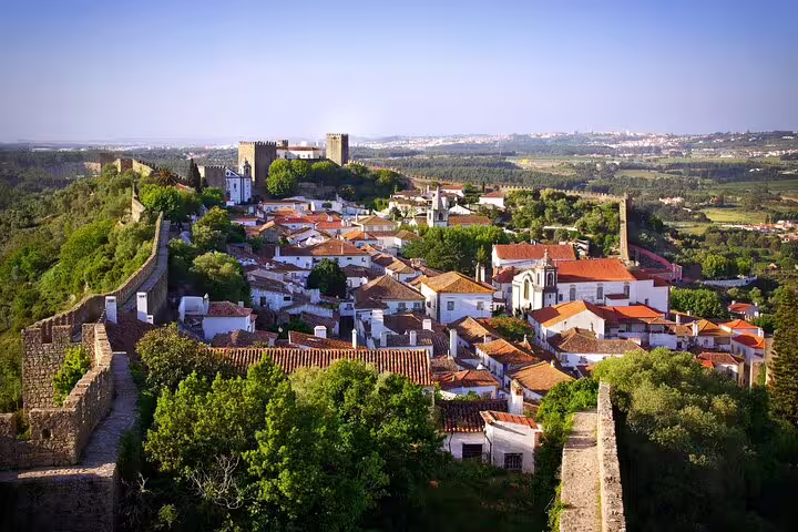 Scenic view of Óbidos village with medieval walls and lush landscape, featured on Porto to Lisbon private journey tour.