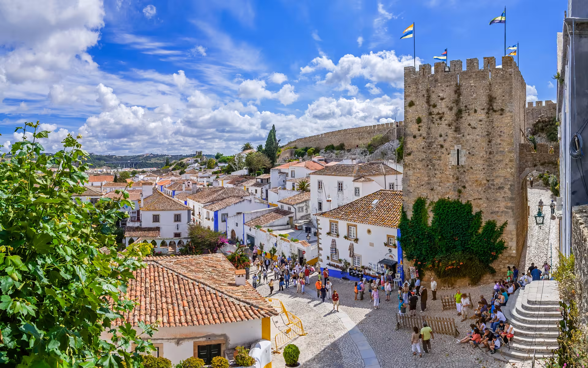 Scenic view of Óbidos village with historic cobblestone streets and medieval castle on a sunny wine tour day.