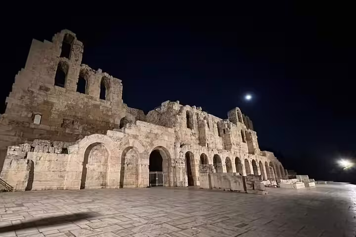 Odeon of Herodes Atticus at night in Athens, scenic stop on a half-day private car tour with local guide