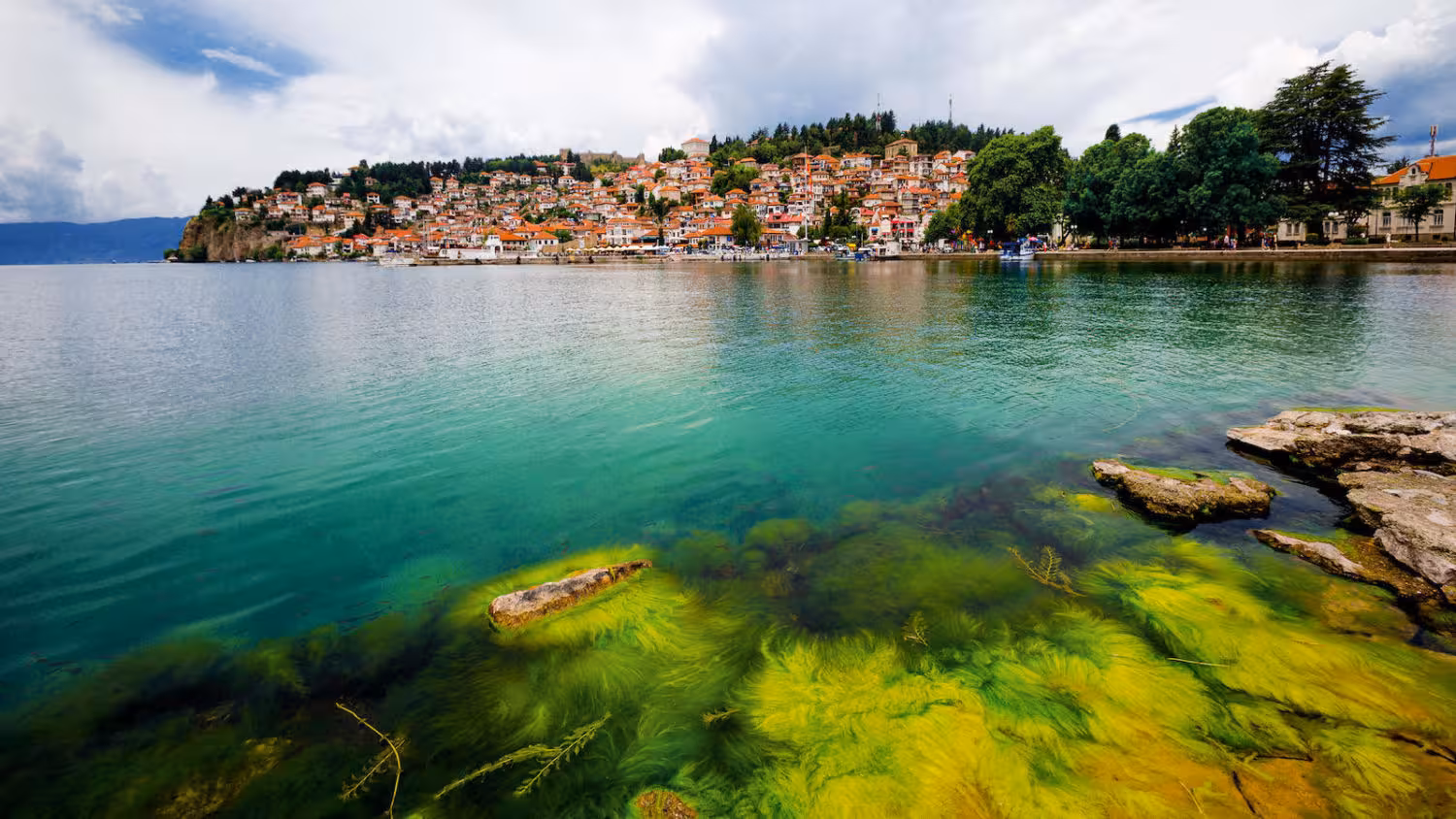 Picturesque Ohrid town with red-roofed houses by the turquoise waters of Lake Ohrid, vibrant underwater flora visible.