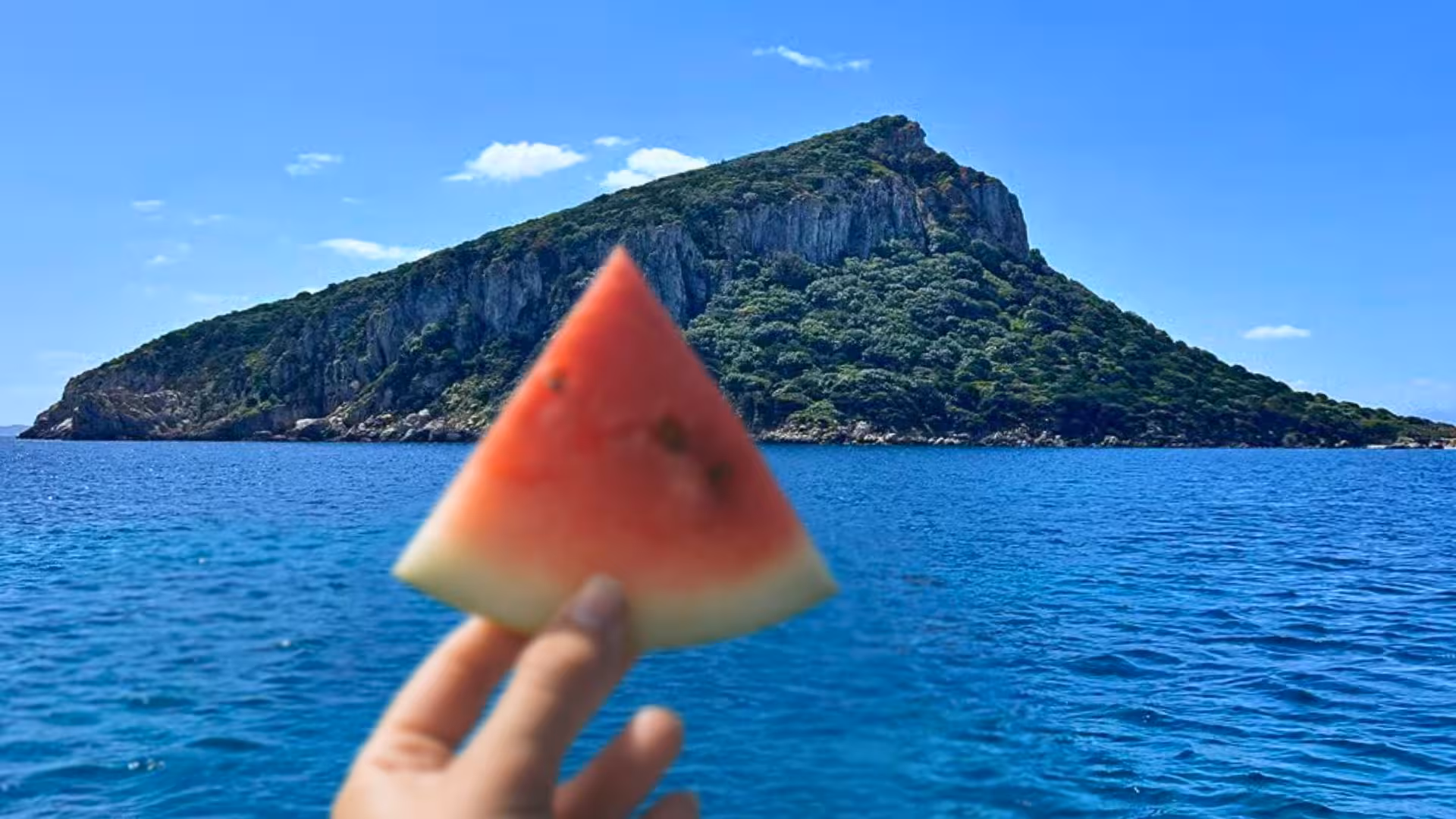 Hand holding a slice of watermelon with Capo Figari in the background on the Olbia dolphin watching RIB tour.