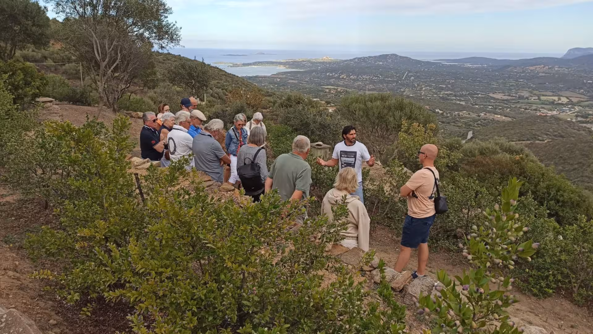 Tour group explores Sardinian landscape at a myrtle-making factory with panoramic views near Olbia.
