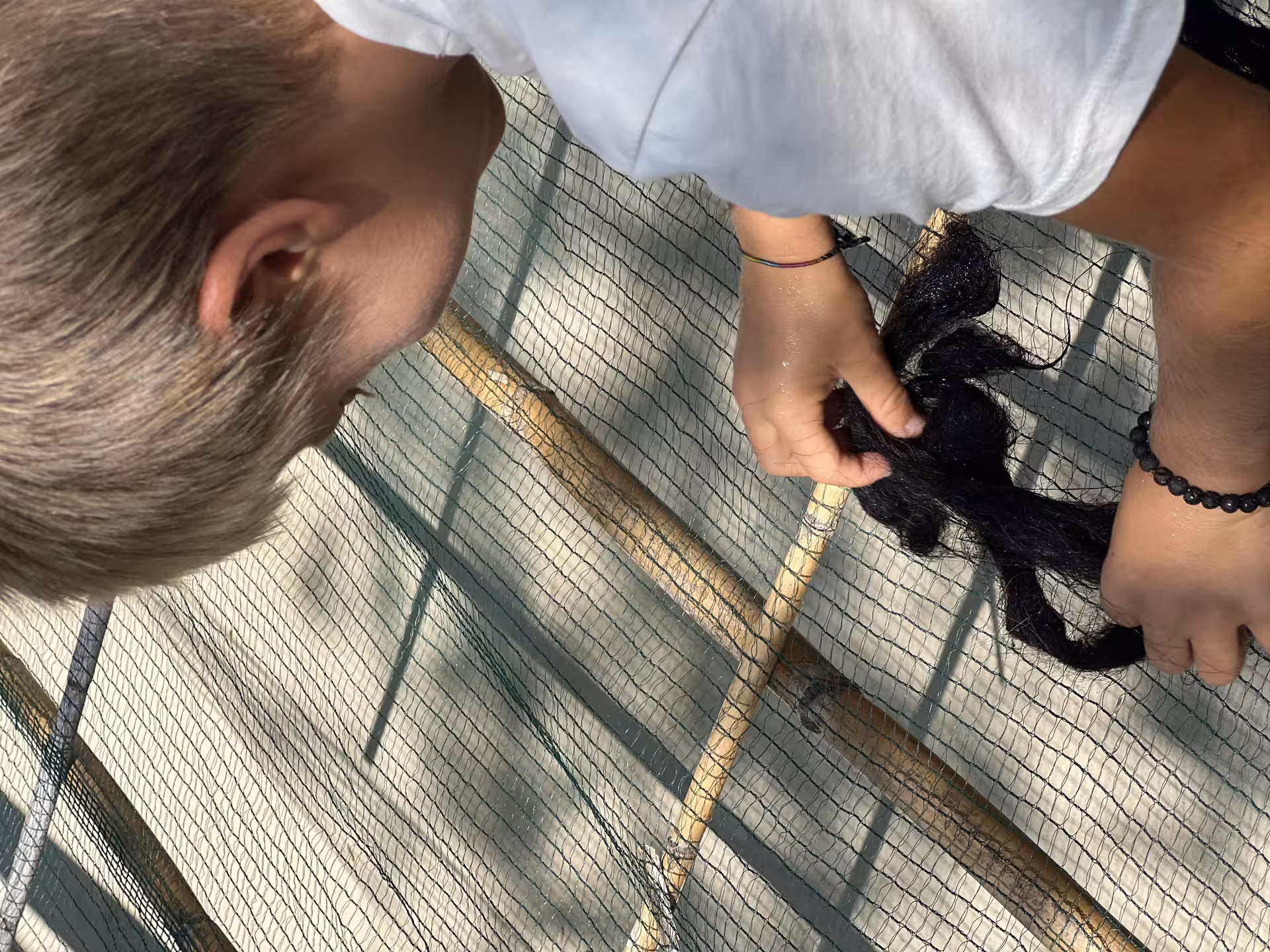 Hands expertly handling raw black wool, showcasing the start of Olbia's traditional wool supply chain process.