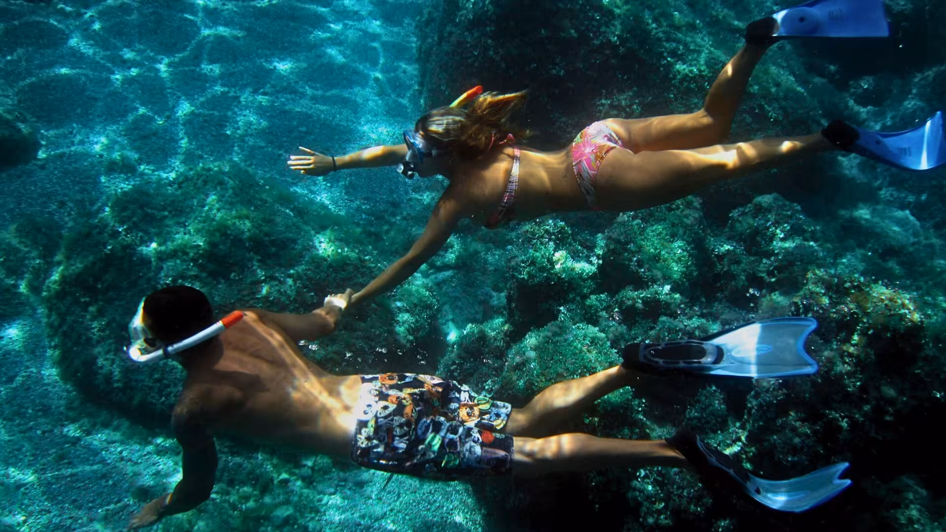 Snorkelers explore vibrant underwater life during Tavolara dinghy tour from Olbia, Sardinia's clear waters.