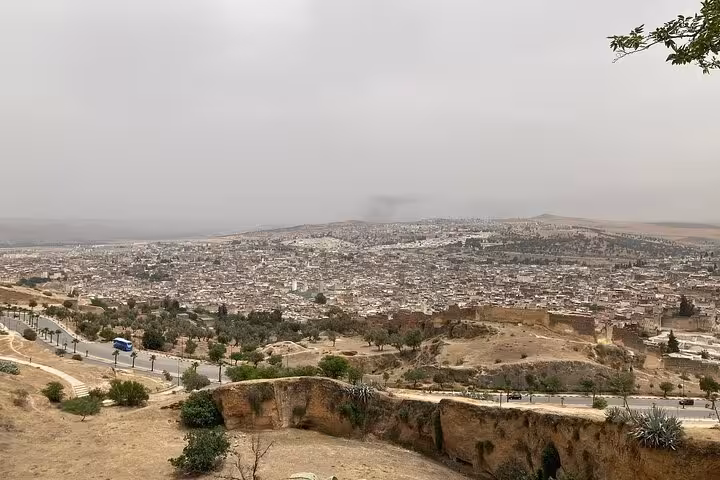 Panoramic view of Old Medina Fez showcasing its vast historical architecture under a cloudy sky, ideal for guided walking tours.