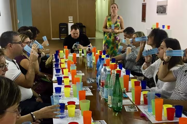 Participants enjoying an engaging olive oil tasting session in Cordoba with colorful cups and expert guidance.