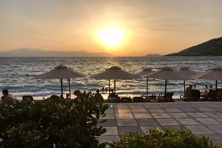 Sunset beach view near Nafplio after an olive oil tasting farm tour, Peloponnese Greece coastline