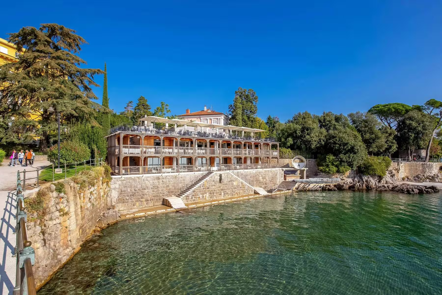 Opatija Lungomare seafront terrace and clear Adriatic waters on a Kvarner Bay tour from Lovran
