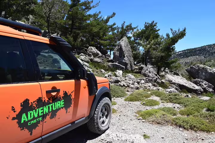 Orange adventure vehicle on rocky path through lush forest on the North Coast Adventure Tour.