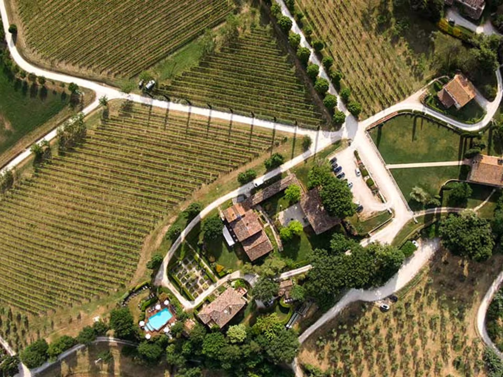 Aerial view of boutique organic vineyard estate in the Marche countryside near Urbino, the winery tour location