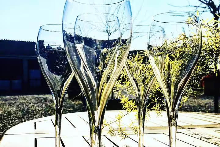 Set of empty wine glasses on an outdoor table, capturing the serene ambiance of a private organic winery tour.
