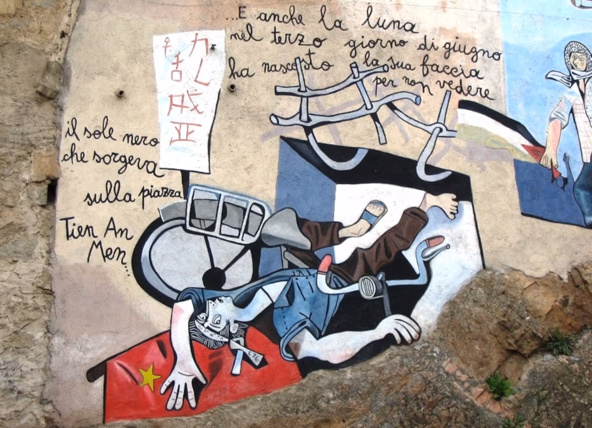Vivid mural in Orgosolo depicting protest themes, a highlight of Sardinia's rich street art scene.