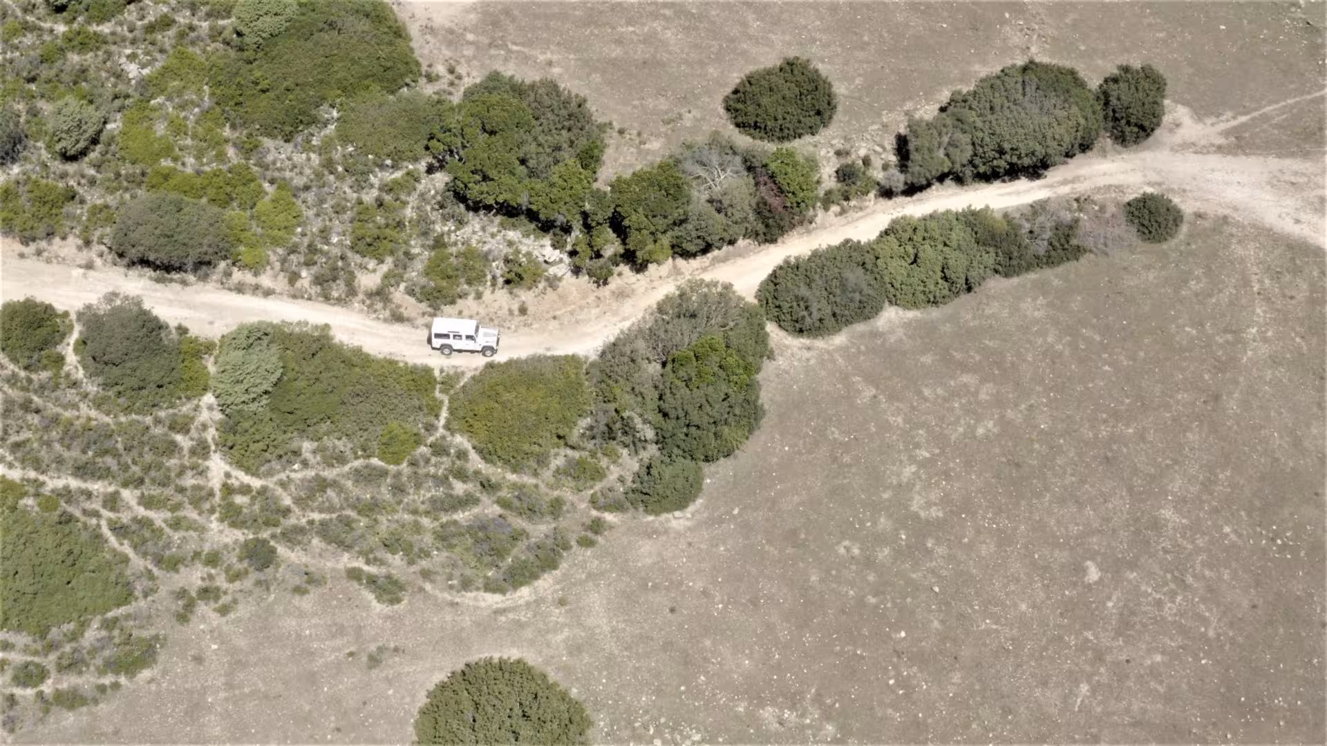 Aerial view of a jeep on a rugged dirt road through lush greenery on a private tour to Capo Comino from Orosei.