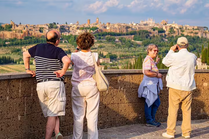 Tourists enjoying a scenic view of Orvieto from a terrace, highlighting the picturesque landscape on a guided day tour from Rome.