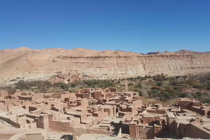 Panoramic view of Ounila Valley village en route to Telouet and Ait Benhaddou on a private day trip from Marrakech