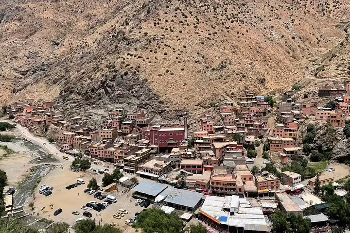 Panoramic view of Ourika Valley town in the Atlas Mountains, a popular day trip from Marrakech to Berber villages