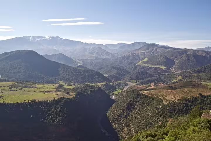 Panoramic view of the Ourika Valley and Atlas Mountains near Marrakech, scenic highlight of the Ourika tour