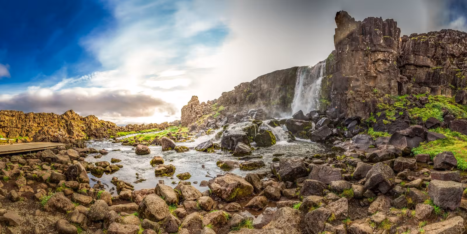 Scenic panorama of Öxarárfoss waterfall in Thingvellir National Park, perfect for an Iceland self-drive adventure.