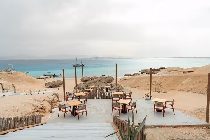 Ozirea Island beach lounge with sea view, perfect stop on private speedboat snorkeling trip from Hurghada