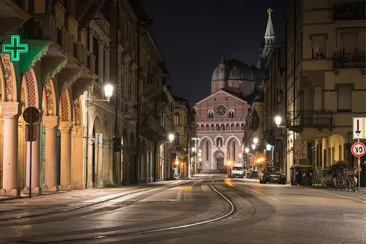 Night view of Padua Basilica of Saint Anthony on a self-guided scavenger hunt walking tour route