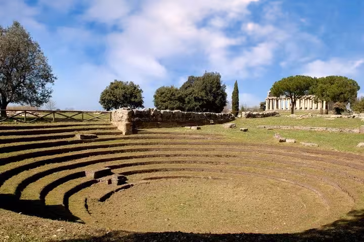 Explore the ancient amphitheater surrounded by lush greenery on the Paestum Temples private tour from Sorrento.
