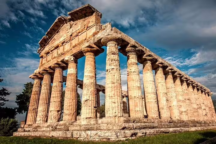 Close-up view of the well-preserved Doric columns of Paestum Greek temple, ideal highlight of a guided private ruins tour