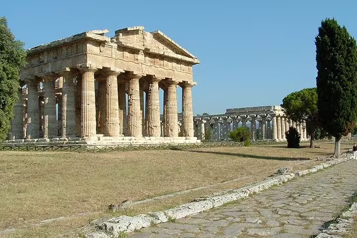 Ancient Doric temple at Paestum Greek ruins in Italy, captured on a sunny day during a private archaeological walking tour