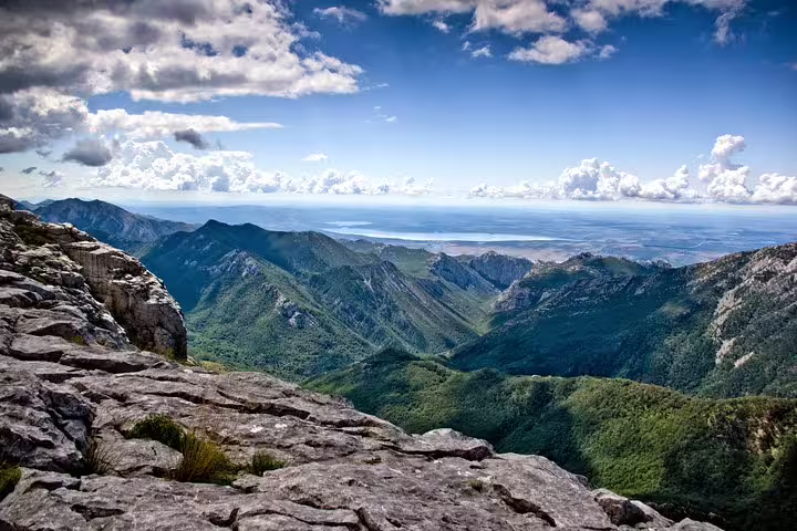 Panoramic mountain view over Paklenica National Park, Croatia, from rocky lookout on hiking trail