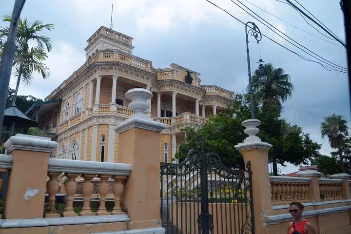 Palacete Provincial historic mansion in Manaus with ornate balconies, seen on guided Manaus city tour