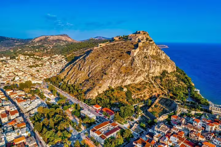 Aerial view of Palamidi Fortress above Nafplio old town and coast, featured on Argolis private full day tour