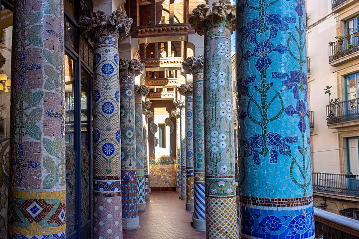 Colorful mosaic columns at Palau de la Música, a highlight on Barcelona Gothic Quarter & El Born tour