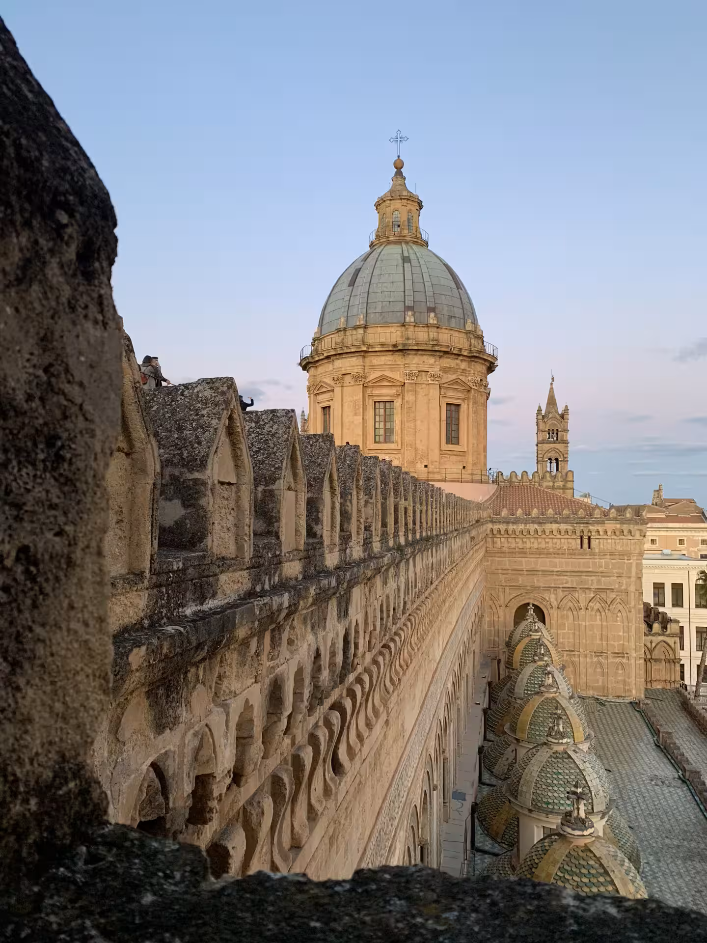 Rooftop view along the ornate walls and dome of Palermo Cathedral during a Monreale and Monte Pellegrino full day tour